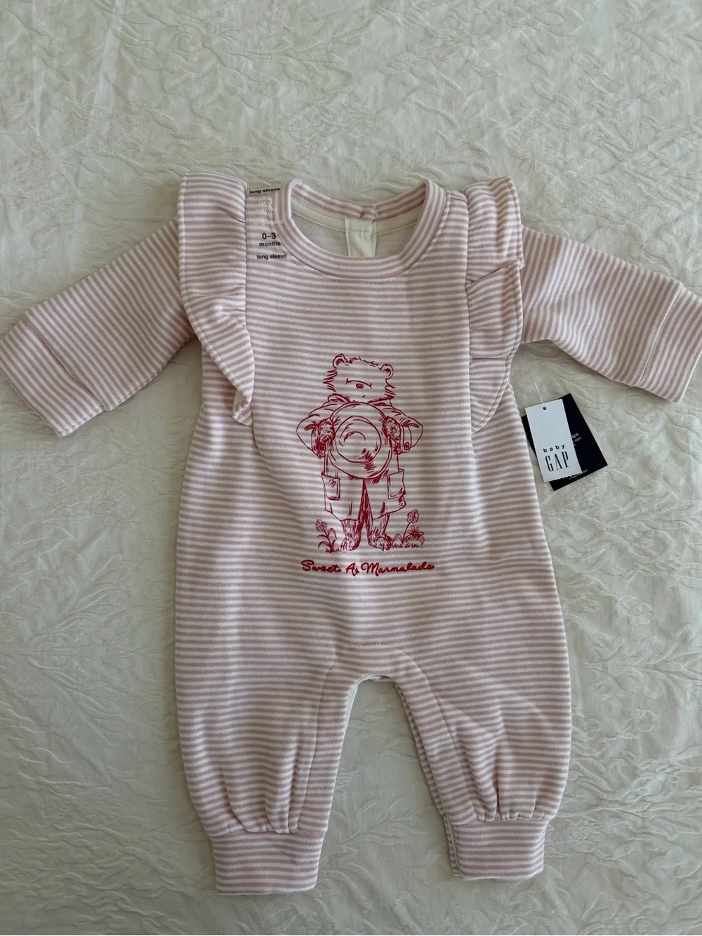 GAP Pink & White Striped Ruffle One-Piece with Red Bear Graphic